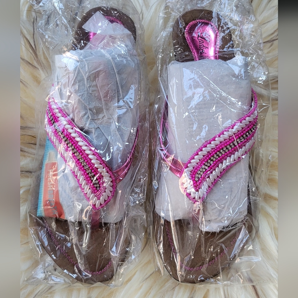 Pink and Brown Beaded Sandals